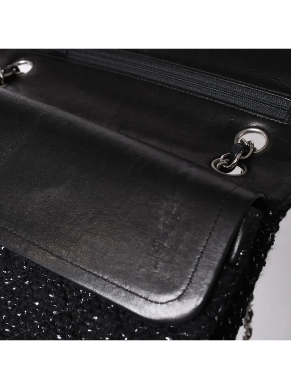 Chanel Quilted 25 Double Flap Chain Shoulder Bag CC Logo Tweed Leather Black